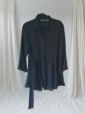 Women's Black Tie-Waist Flowing Blouse with Shirt Collar